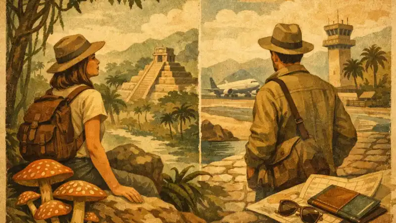 Woman and man exploring ancient ruins and tropical scenery for psychedelic travel adventures.