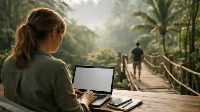 Woman working on a laptop in a peaceful outdoor nature setting with trees and a wooden bridge.