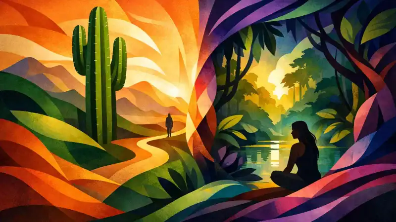 Tranquil nature retreat with a person meditating in lush forest setting.