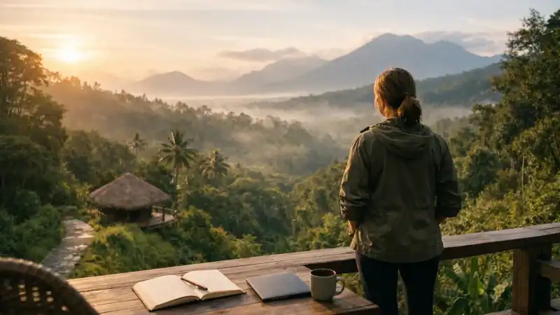 Woman enjoying a peaceful retreat with mountain views and lush greenery.