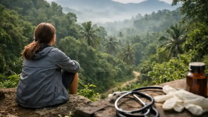 Relaxing woman overlooking lush jungle landscape at a wellness retreat.