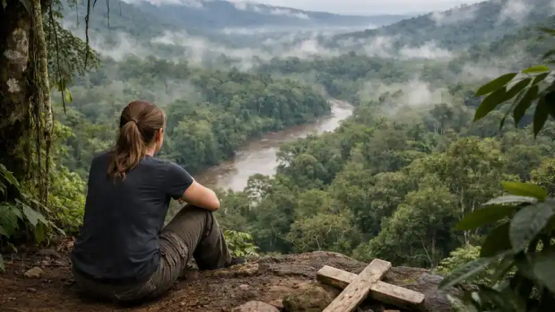 Serene jungle retreat overlooking a misty river valley, perfect for relaxation and reconnecting with.
