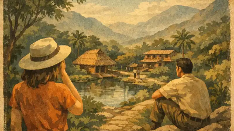 Tranquil retreat scene with two people enjoying nature by a river in a lush tropical setting.