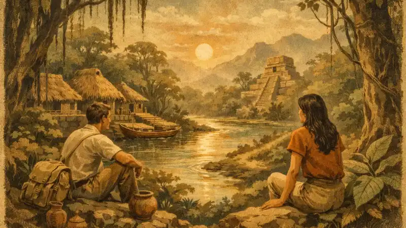 Peaceful jungle scene with two people by the river at sunset.