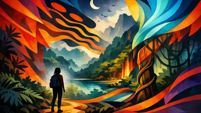 Colorful landscape with mountains, river, and lush forest at sunset.