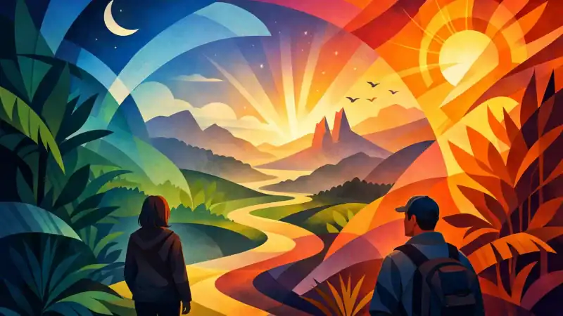 Two hikers admire a vibrant sunset in a lush mountain valley.