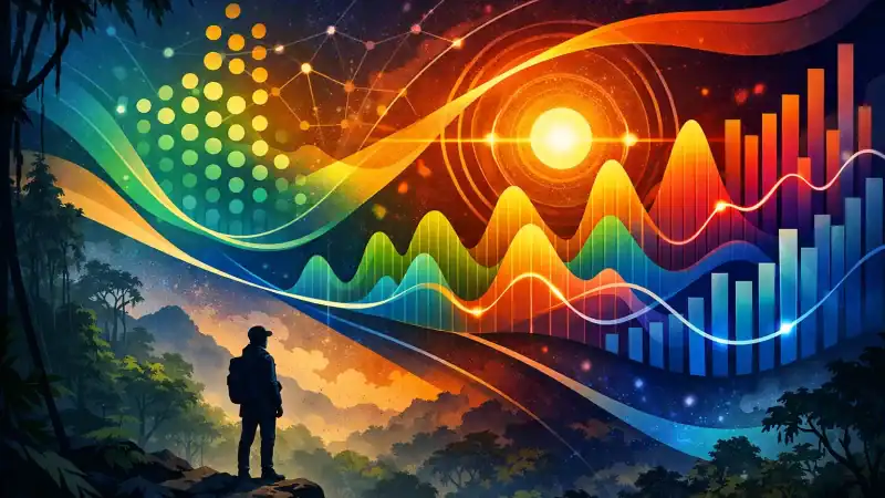 Person observing colorful data graphs and waves in a forest landscape.