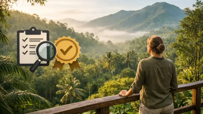 Woman overlooking lush jungle with mountains, symbolizing retreat standards.