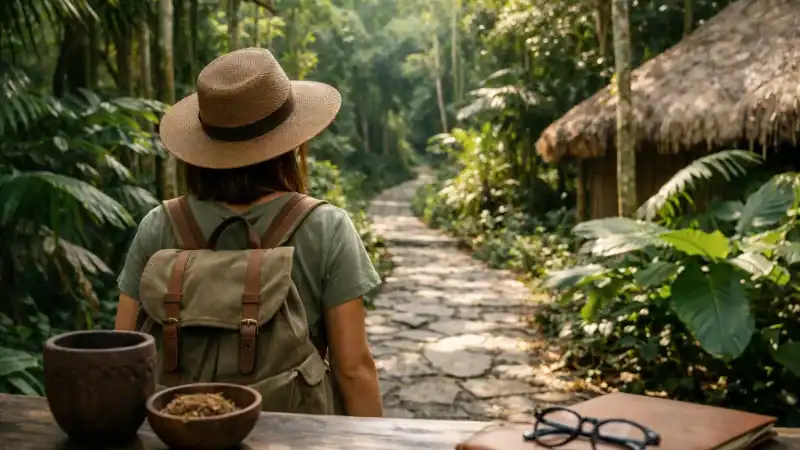 Woman with backpack exploring lush jungle path for retreats.