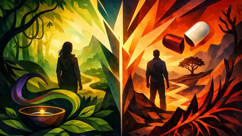 Colorful split image of nature and drug pills representing Ayahuasca and Ibogaine therapy.