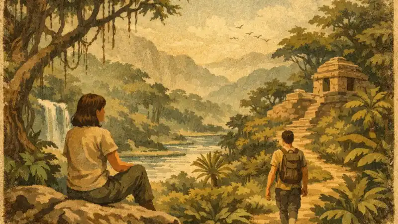 Two people exploring a lush jungle with ancient ruins and waterfalls.