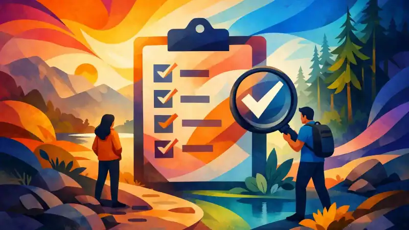 Hiker checking off a list during outdoor retreat in nature.