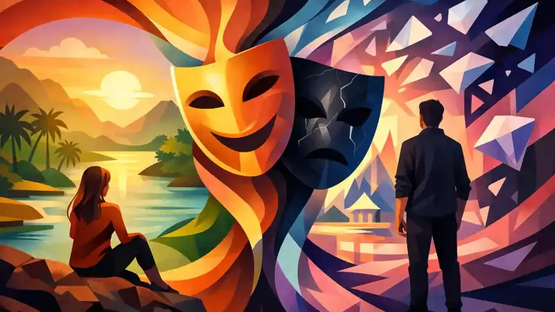 Colorful theatre masks with a sunset and a man in a suit.