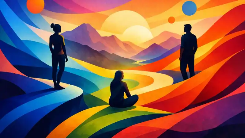 Silhouettes of three people meditating in a vibrant, abstract landscape with mountains and sun.