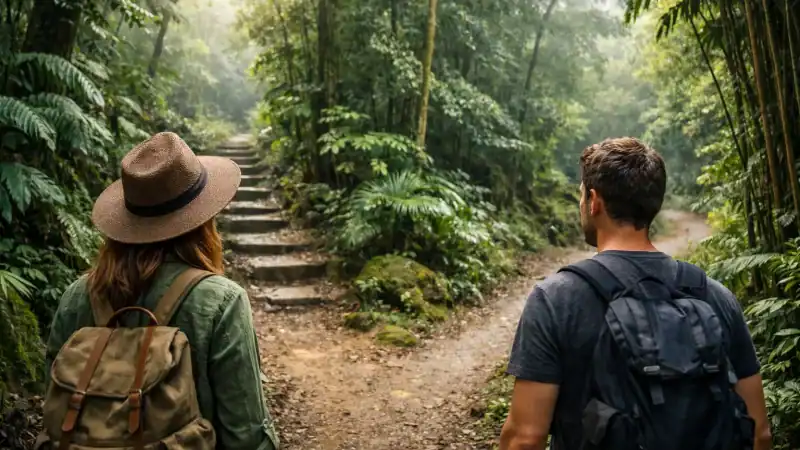 Two hikers with backpacks walking through lush forest trail.