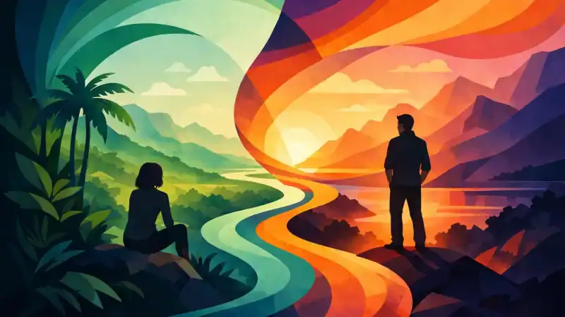 Peaceful landscape with two people contemplating nature at sunset.