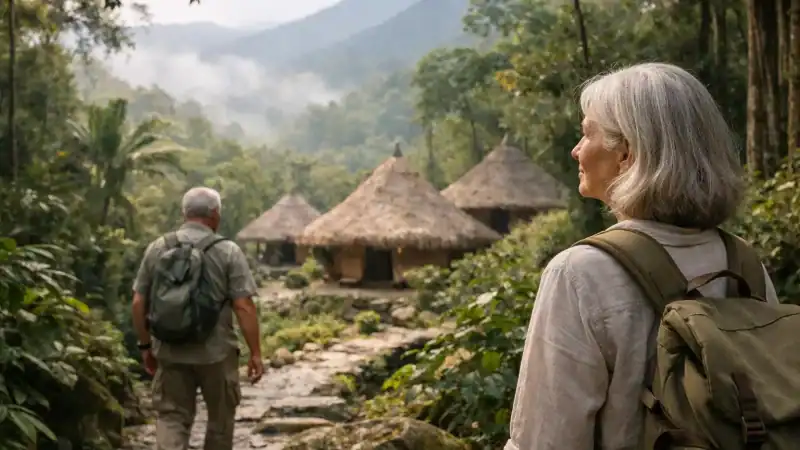 Elderly woman with gray hair at a retreat in lush forest setting.