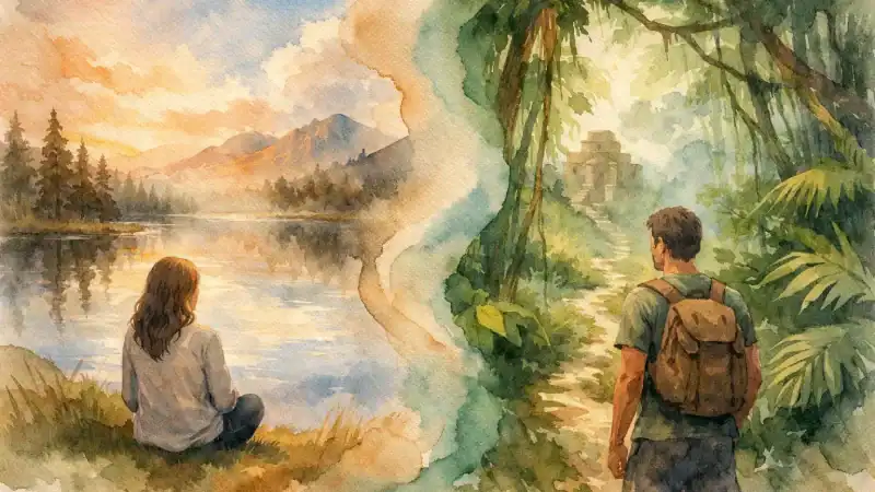Two people enjoying a peaceful nature retreat by a lake with lush greenery and mountains.