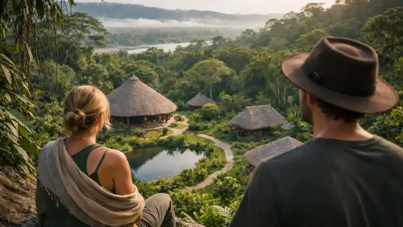 Couple enjoying scenic view of tropical retreat with huts and pond.