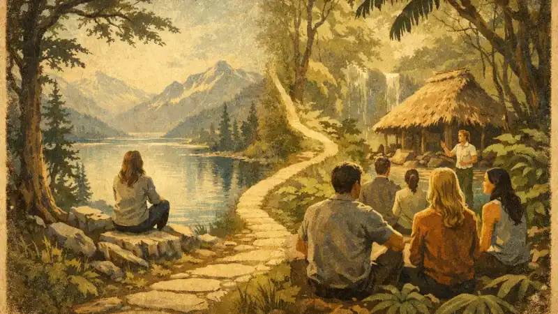 Group of people enjoying a peaceful outdoor retreat by a lake with mountains.