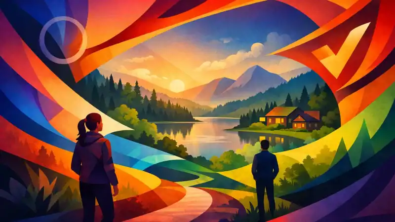Two people admire a colorful mountain landscape with a lake and cabin.