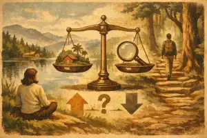 Person contemplating choices with a scale and question mark in a natural setting.
