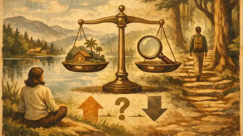 Person contemplating choices with a scale and question mark in a natural setting.