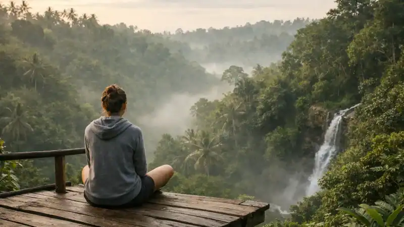 Person meditating on wooden platform overlooking lush jungle and waterfall.